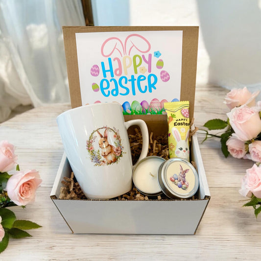 Happy Easter Gift Box – Adorable Bunny or Spring Mug Mini Vanilla Candle,Marshmallow Chocolate Treat Surprise. Eastern Present Family Friend
