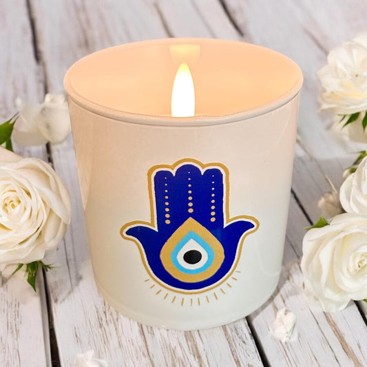 Hamsa Candle Holder Candle vessel table decoration white glass cup with Evil Eye Protection Decor, Boho Gift Spiritual Home Decor, Good luck