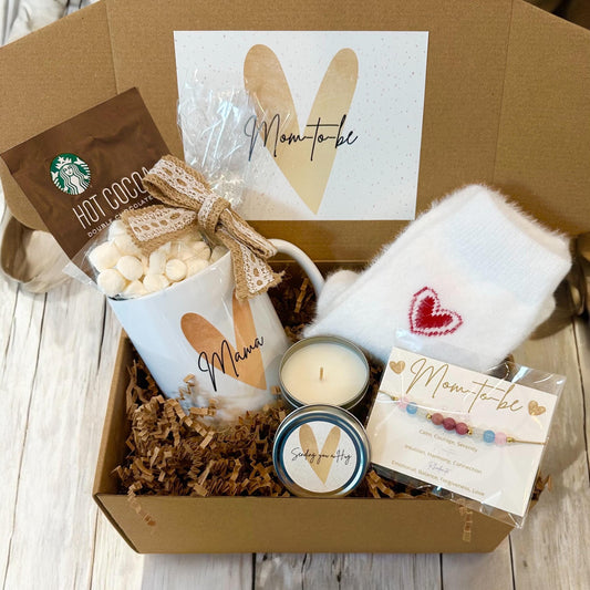Mom-to-be Gift Box, Pregnancy Hug in a Mug, Crystal Bracelet with Rose Quartz, Mini Candle Blessings & Fuzzy Socks Prenatal for Expecting