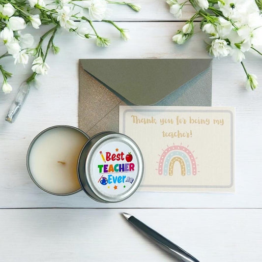 Teacher Appreciation Mini Vanilla Tealight Candle – Silver Tin with Lid, Gift-Ready in Organza Bag. Thank you for End of Year, Tutor, Mentor