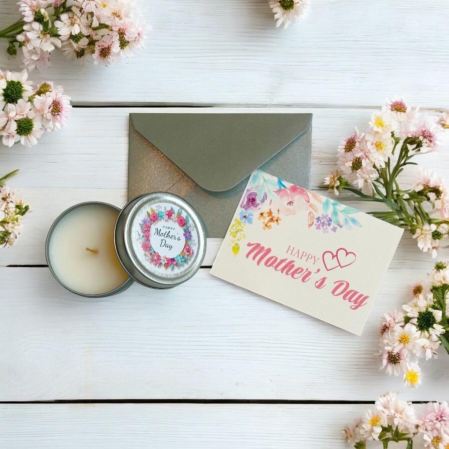 Happy Mother’s Day Tealight Candle Gift | Vanilla Scented Small Present in Silver Tin, Present for Mom, Mum, Custom, Send Love & Joy