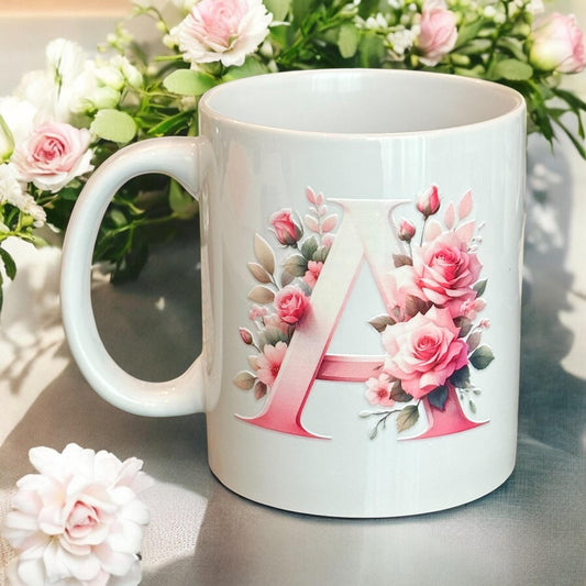 Personalized Initial Mug | 12oz Ceramic Whimsical Custom Pink Letter Cup –  Romantic Roses Flowers, Gift for Her, Bridesmaids, Yourself