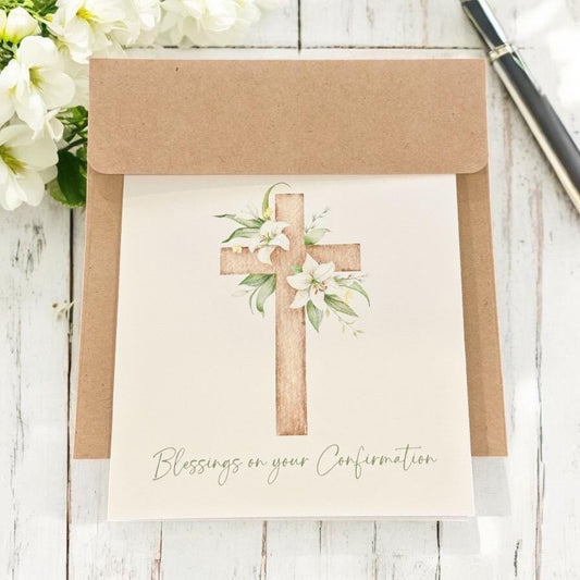 Confirmation Card with Wooden Cross and White Lily Floral Design – Religious Blessings Card, Catholic Christian, Faith, Holy Spirit Custom