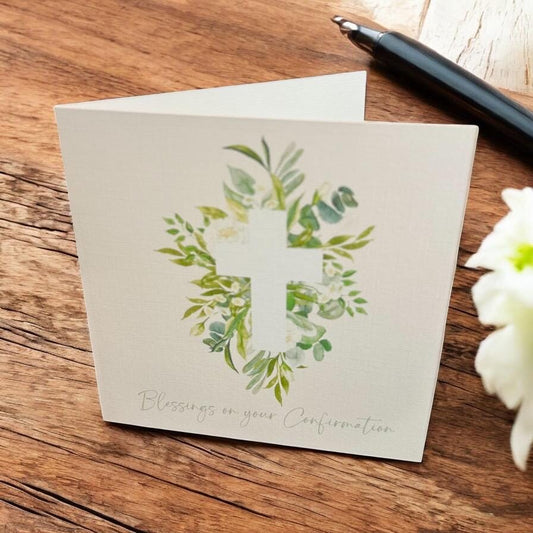 Confirmation Card with Cross and Greenery Floral Design – Religious Blessings Card, Catholic Christian, Faith, Holy Spirit Custom