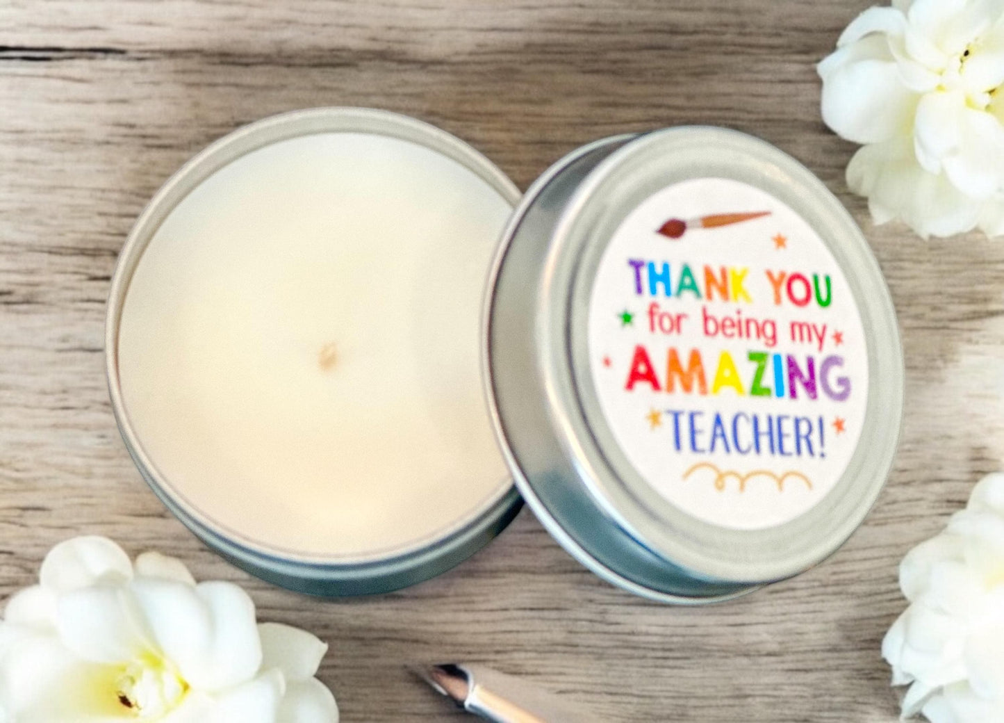 Teacher Appreciation Mini Vanilla Tealight Candle – Silver Tin with Lid, Gift-Ready in Organza Bag. Thank you for End of Year, Tutor, Mentor